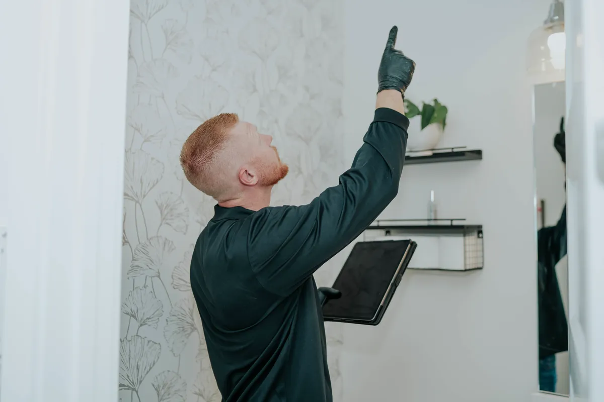 Inspector identifying mold during an air quality testing and inspection visit
